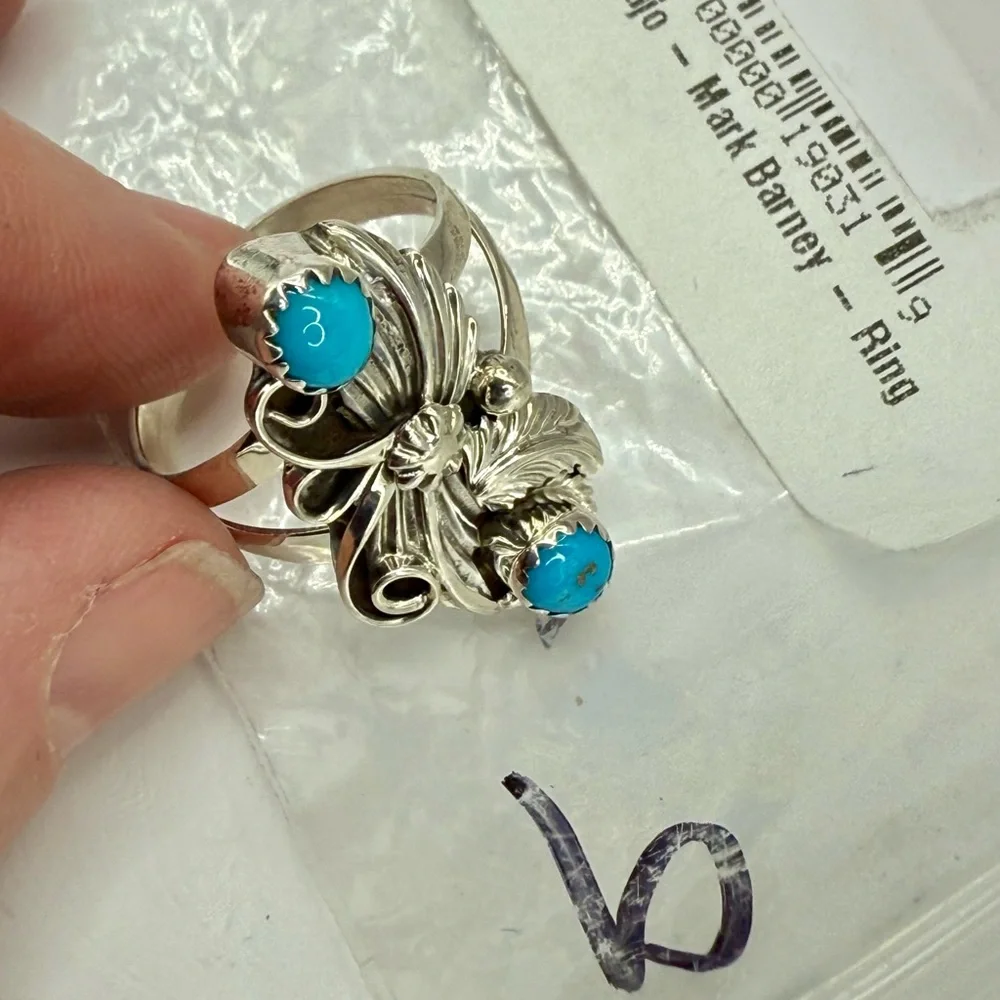 Native American Sterling Silver Double Turquoise Leaf & Flower Ring Mark Barney